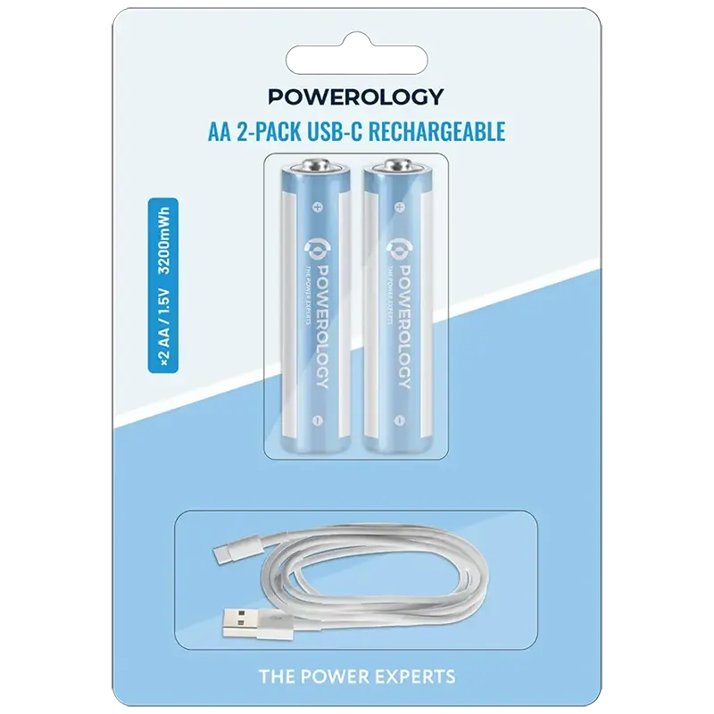 Powerology 1.5V Type-c Rechargeable Lithium-ion Battery AA Battery 3200mWh 2pcs per Pack Mascom International.webp